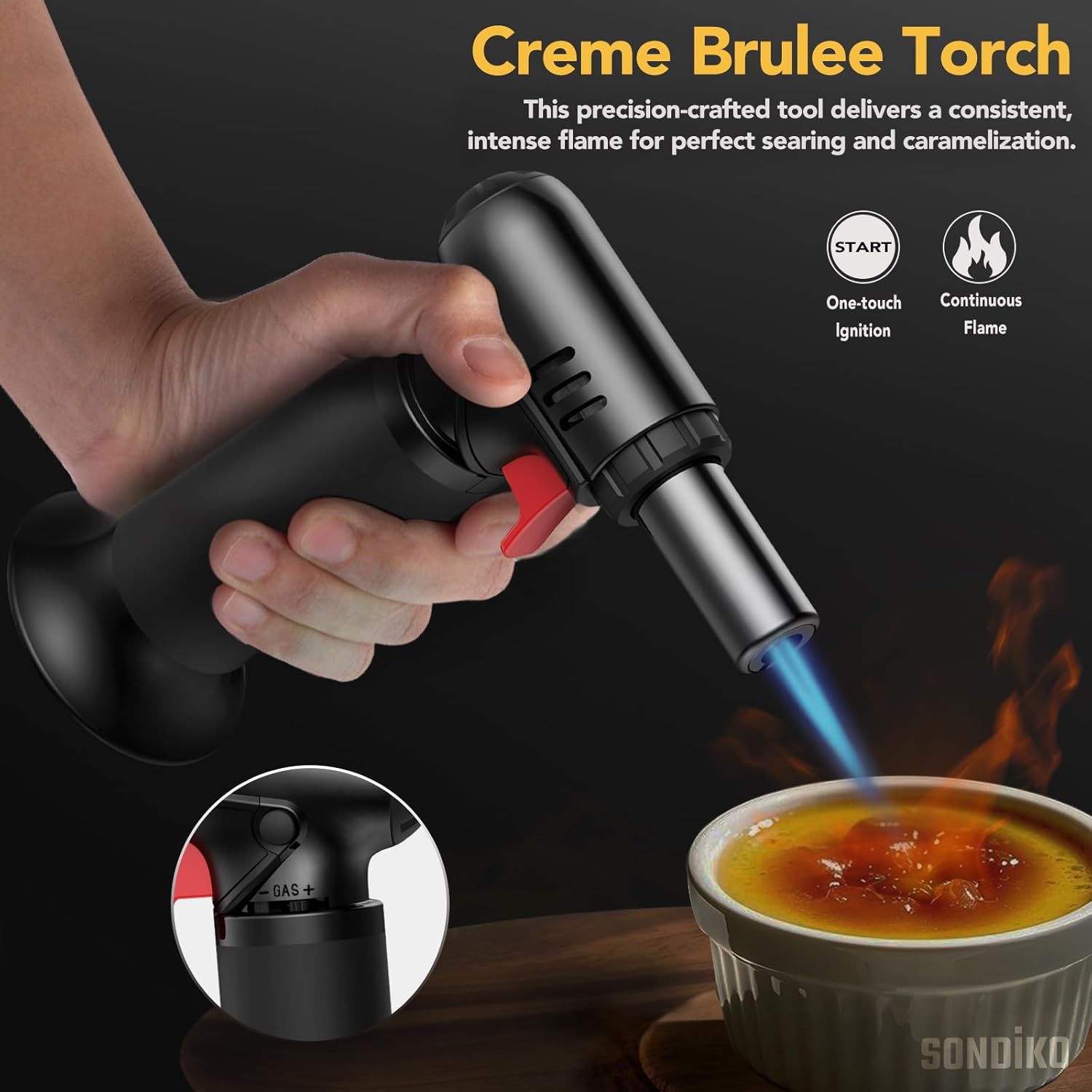 Detalle de Sondiko Flambierbrenner mit Tankanzeige S907 (2er-Set) – nachfüllbarer Bunsenbrenner für Küche & Camping