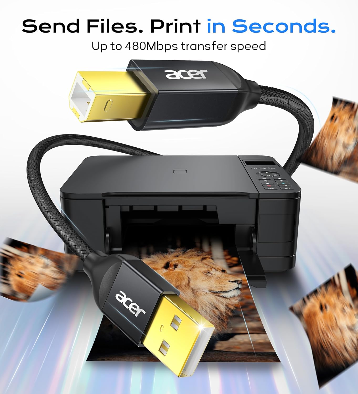 Thumbnail 1 de Acer Printer Cable 10ft USB A to USB B — High-Speed, Durable USB 2.0 B Printer & MIDI Cable