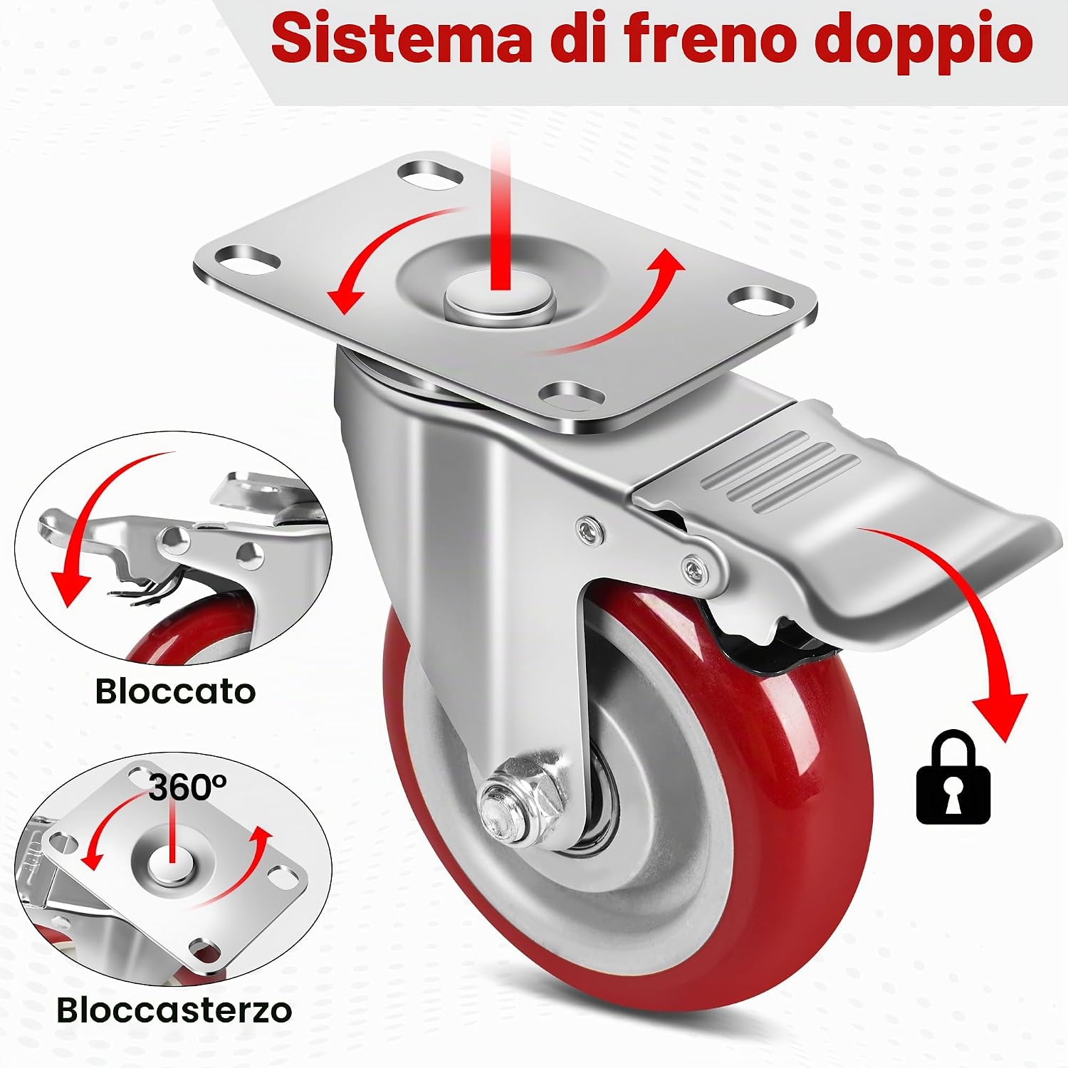 Detalle de Set 4 Ruote per Carrello Carichi Pesanti con Freno 100 mm – Gomma Piena Silenziosa, 600 kg