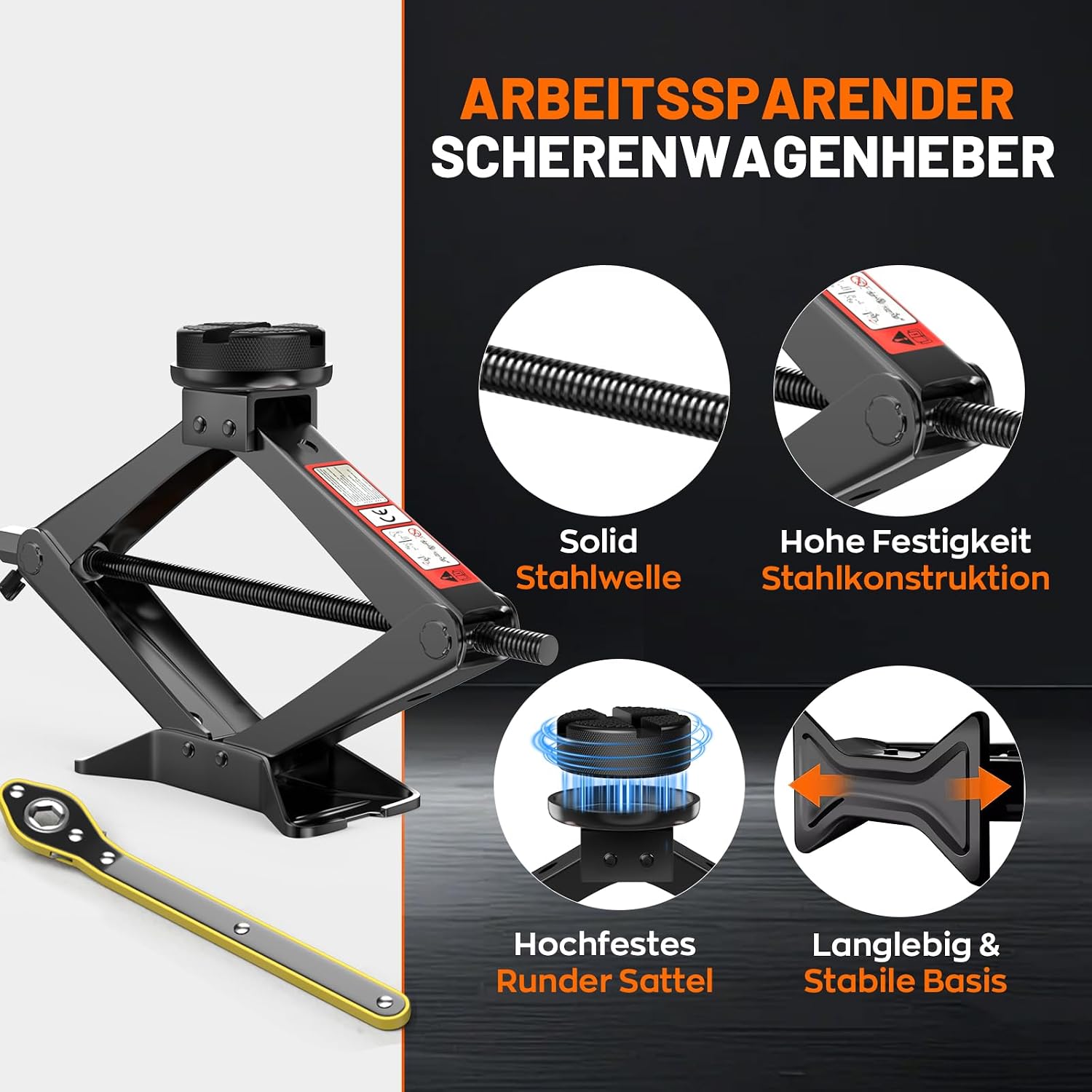 Detalle de Universelle Wagenheber 3T — Neues Upgrade Scherenwagenheber-Set mit 2 Gummiauflagen, inkl. Radkreuzschlüssel und Notfallzubehör