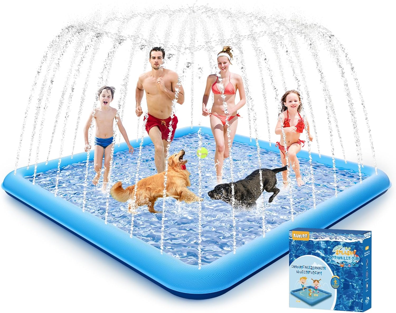 Raxurt Splash Pad: 130" Diagonal, 98" Square Non-Slip Dog & Kids Splash Pad (Blue)