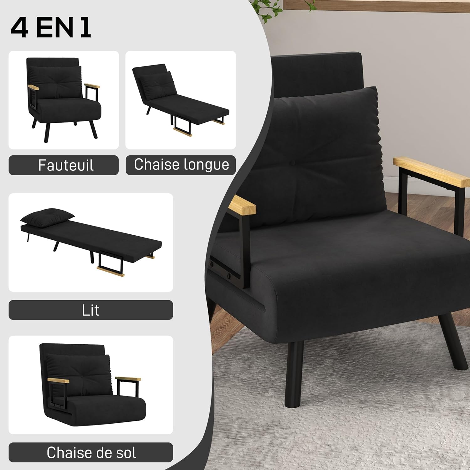 Thumbnail 3 de HOMCOM Fauteuil Convertible 1 Place – 3 en 1, dossier réglable 5 positions, velours noir