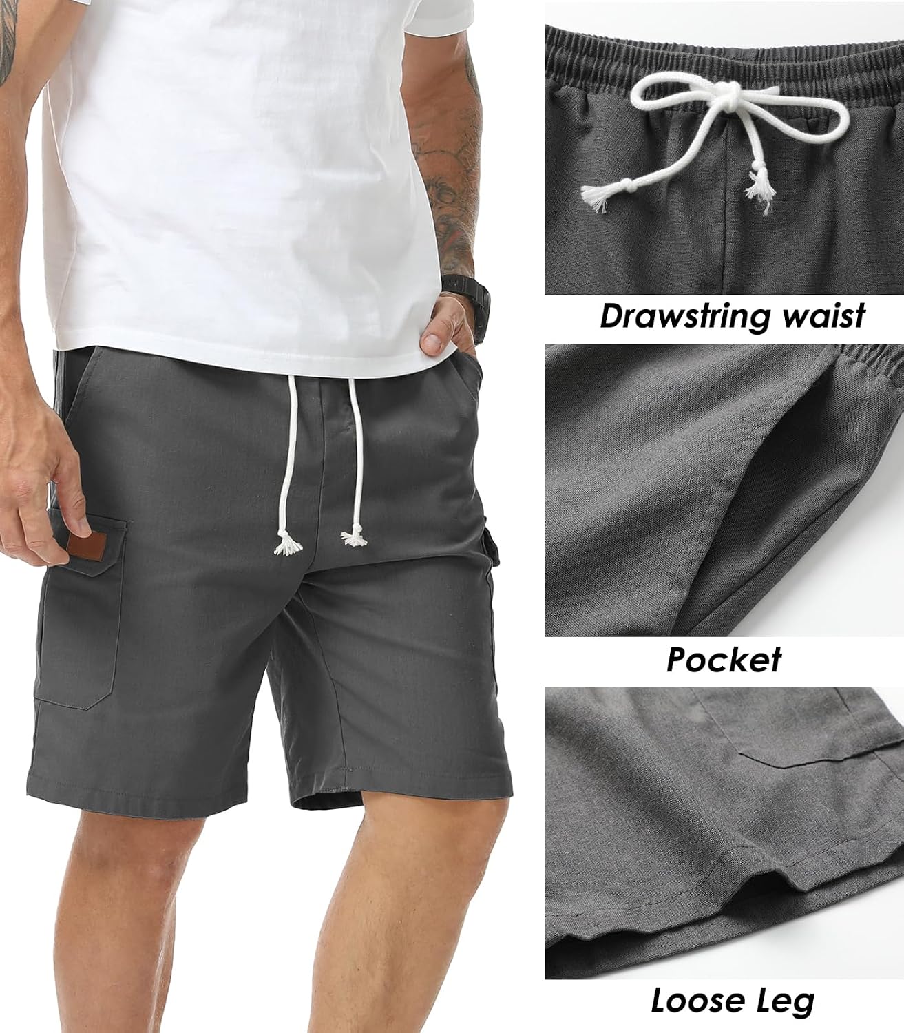 Detalle de Zetieny Herren Leinen-Shorts Casual für Sommer & Alltag mit elastischem Bund und mehreren Taschen