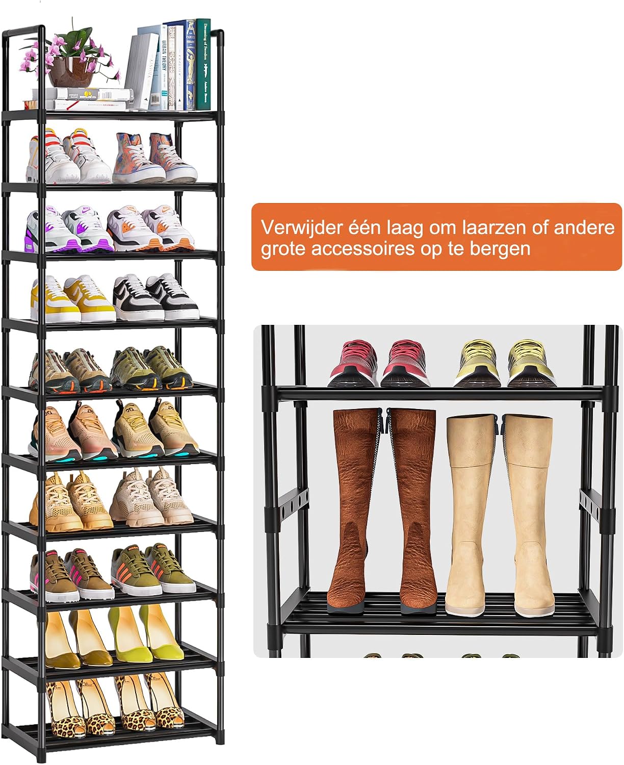 Detalle de OYREL Étagère à chaussures à 10 niveaux, schoenenrek van metaal, zwart en ruimtebesparend