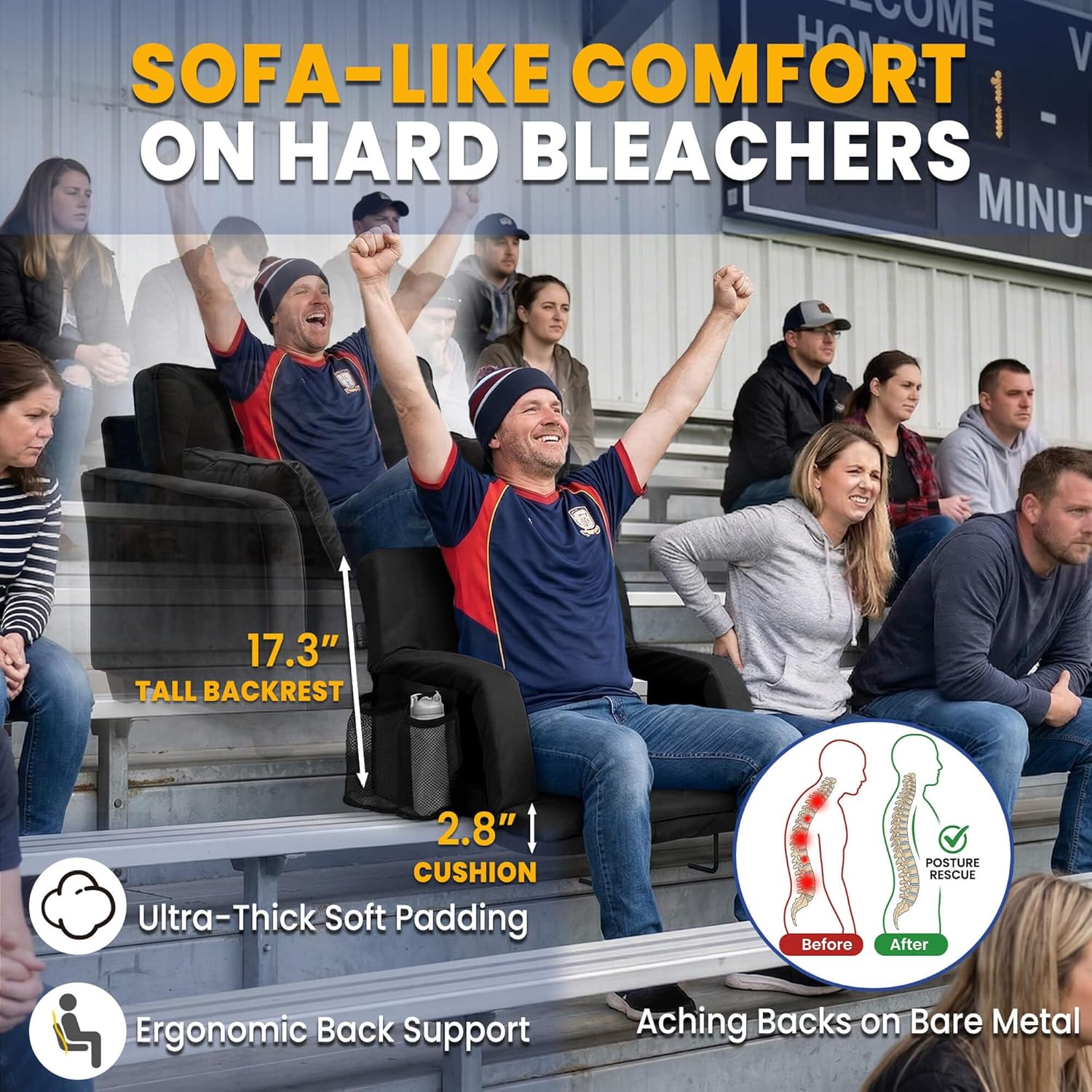 Detalle de Sheenive Stadium Seats with Back Support (380 lbs) – 2.8'' Cushioned Bleacher Seat with 6 Adjustable Angles, Armrests & Cup Holders