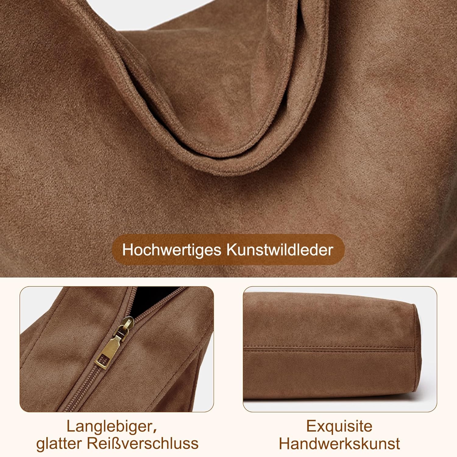 Thumbnail 3 de Gluckstar große Handtasche Damen – Shopper aus Kunstwildleder mit Reißverschluss und Schulterriemen