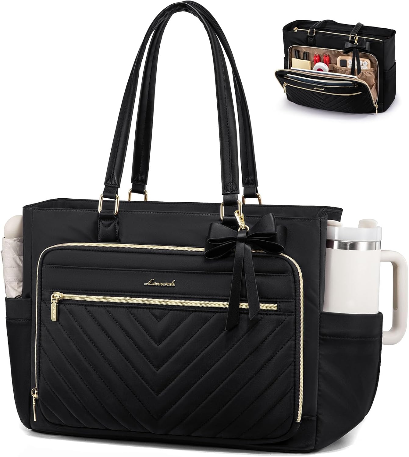 Thumbnail 6 de LOVEVOOK 17 Inch Laptop Tote Bag for Women with Large Cup Holder & Multi-Pockets (Beige/Black/Brown)