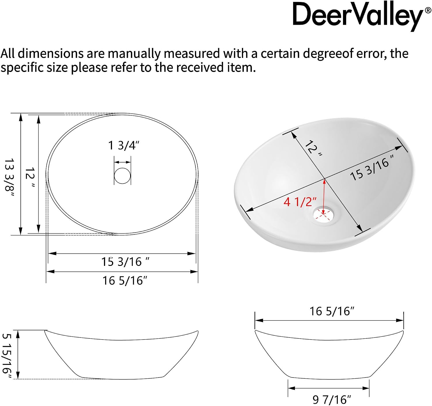 Detalle 2 de DeerValley DV-1V051 – owalna umywalka ceramiczna nablatowa, 40 × 33 × 14,5 cm