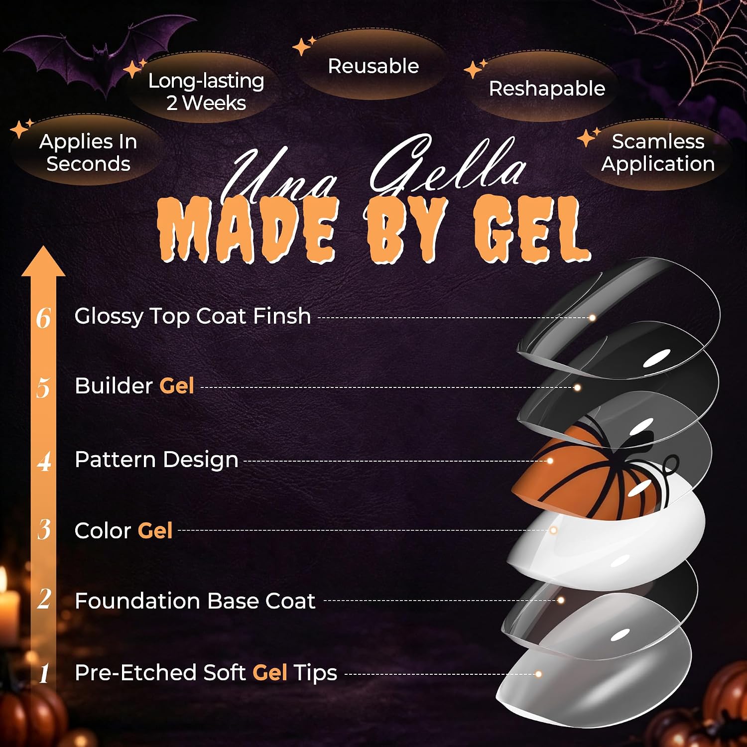 Thumbnail 4 de UNA GELLA UG-BX013 Halloween Press-On Nails, Short Almond, 32-Piece Pumpkin Plaid Set