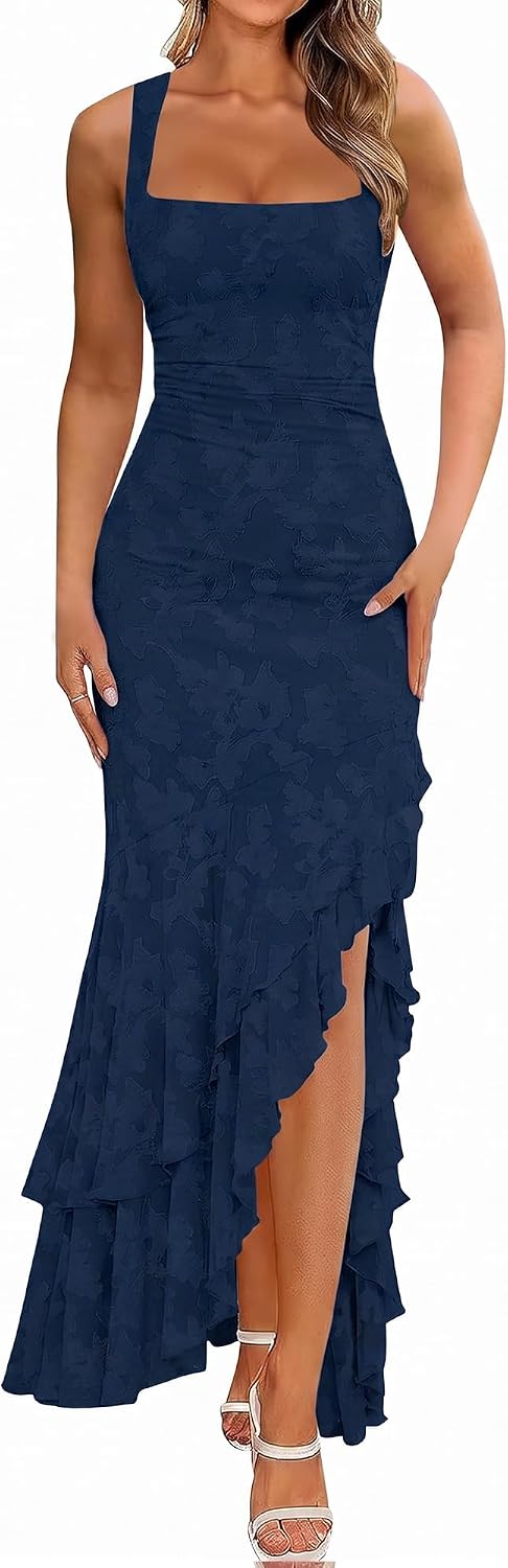 Detalle de BORIFLORS Women's Elegant Ruched Floral Maxi Dress Mesh Mermaid Ruffle