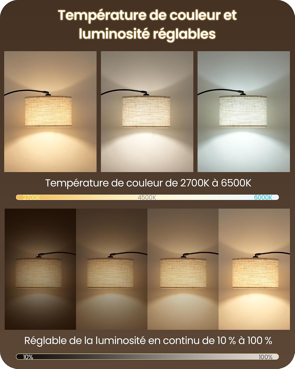 Detalle de GOEBLESON ST-F31107 boogvloerlamp, beige-goud, verstelbaar en dimbaar