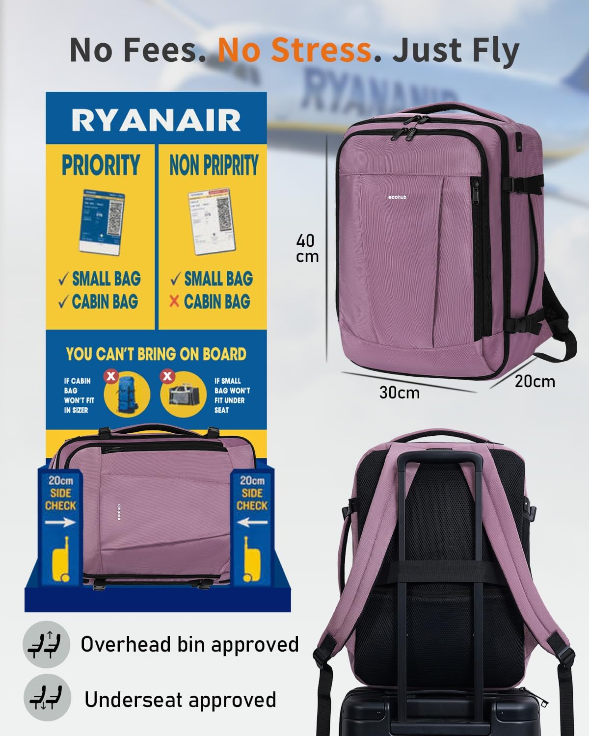 Detalle de ECOHUB Ryanair Cabin Bags 40x30x20 Underseat Travel Bag with 9 Pockets