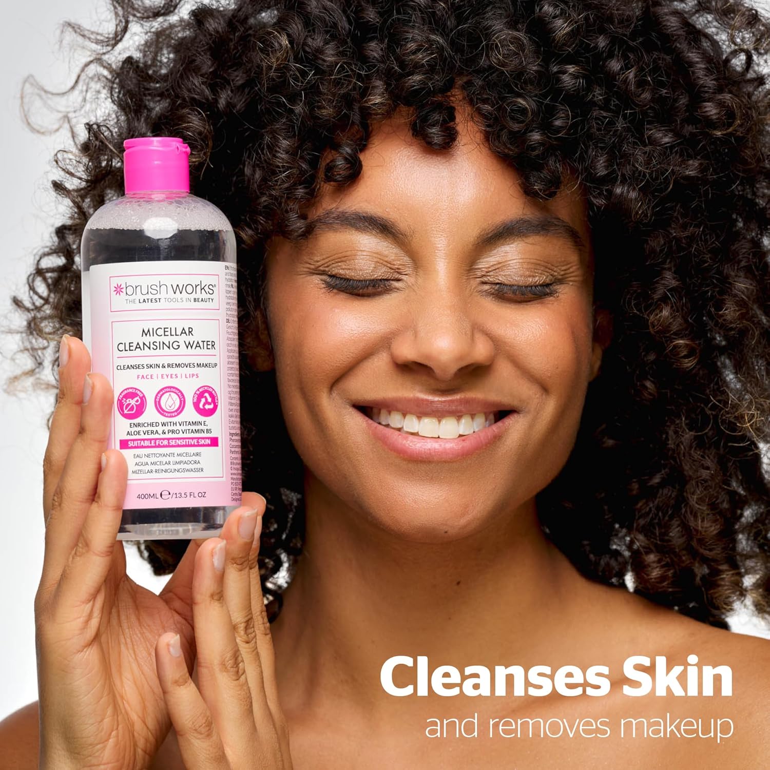 Detalle de Brushworks Micellar Cleansing Water 400ml – Fragrance Free Makeup Remover for Face, Eyes & Lips