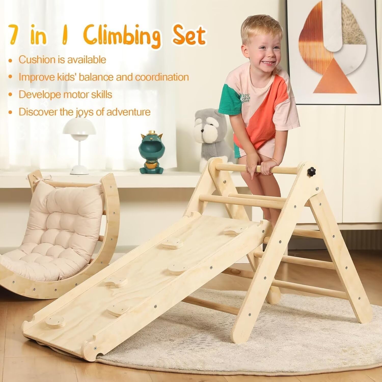 Thumbnail 6 de khlerox 7-in-1 Foldable Indoor Climbing Frame with Soft Cushion (Natural Wood)