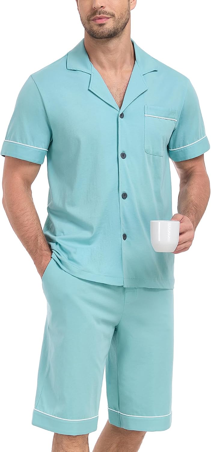 Detalle 1 de COLORFULLEAF Men’s Cotton Pajama Set with Pockets Notched Collar