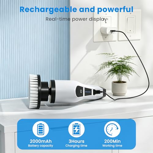 Detalle de Ozvavzk Cepillo Eléctrico de Limpieza Hogar con 9 Cabezales Intercambiables, 2 Velocidades y Mango Telescópico