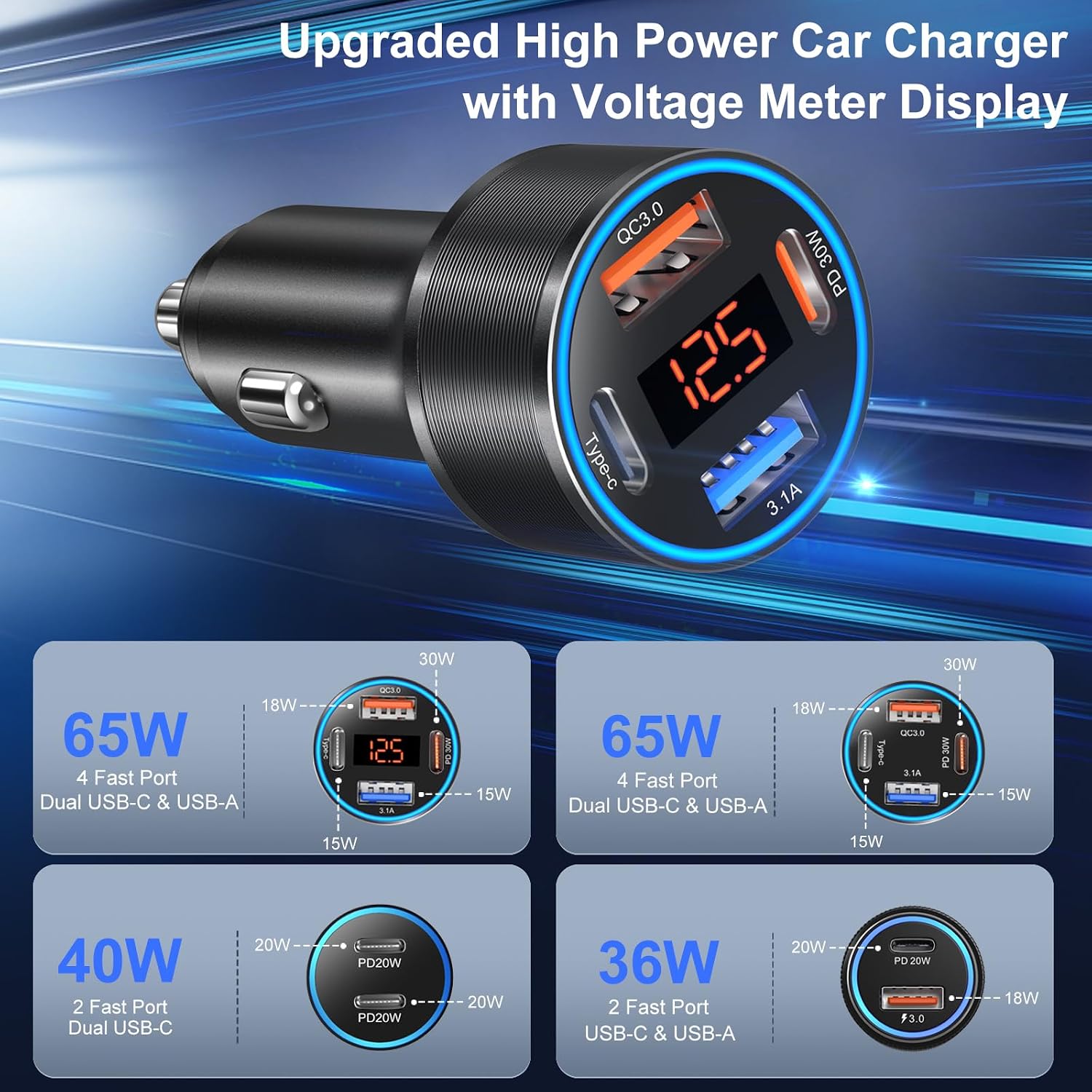 Thumbnail 2 de 3-Pack 65W USB-C Car Charger with 4 Ports (2x USB-C + 2x USB-A) and Voltmeter – PD 3.0 / QC 3.0 Fast Charging