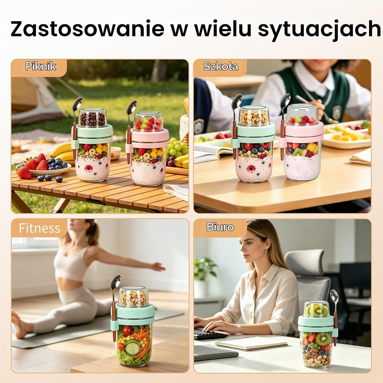 Thumbnail 6 de OSDUE 600 ml – szklany pojemnik na jogurt i płatki, 4 sztuki z łyżką