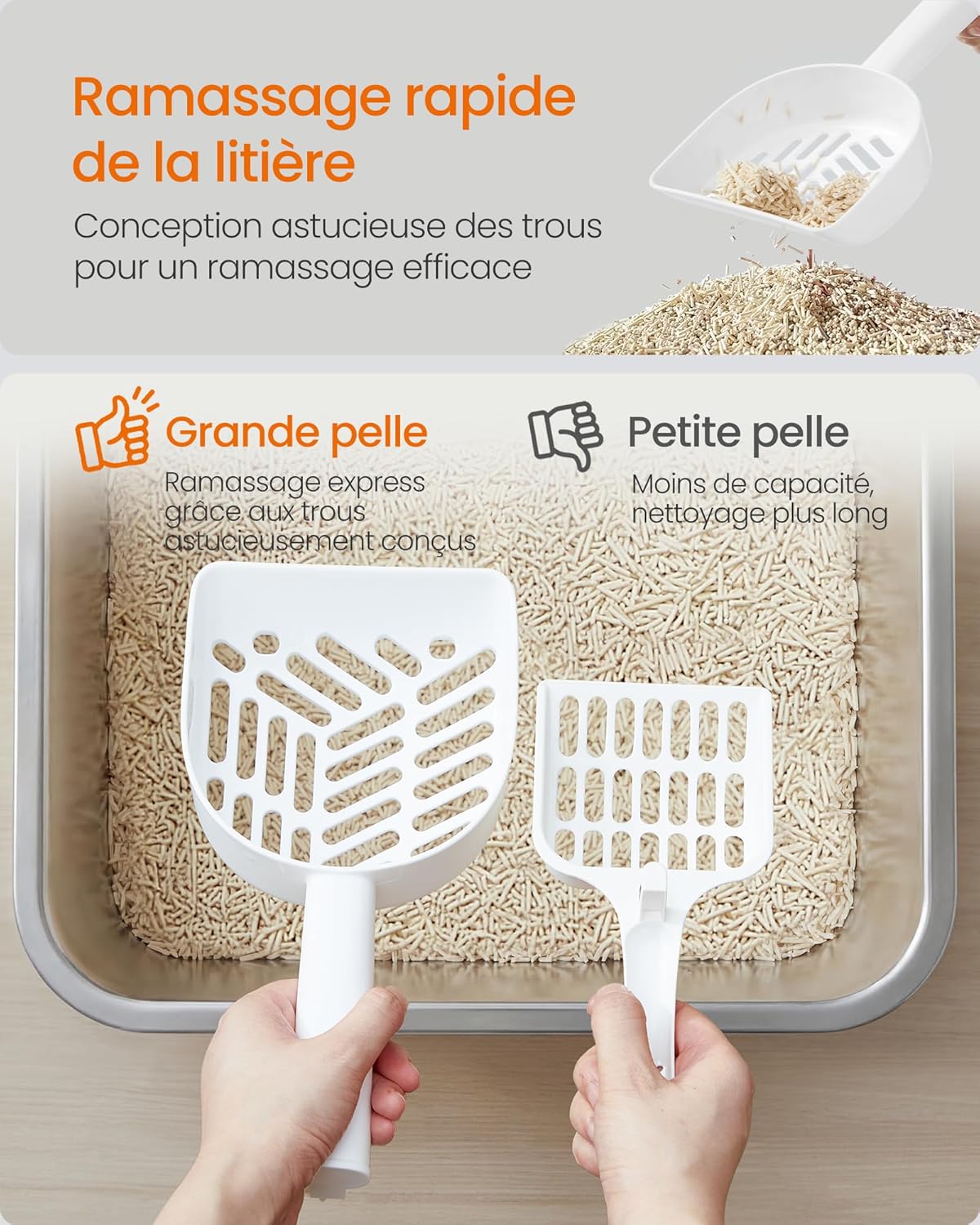 Thumbnail 6 de Feandrea Bac à Litière en Acier Inoxydable pour Chat – 40 x 30 x 10 cm, ouvert avec pelle