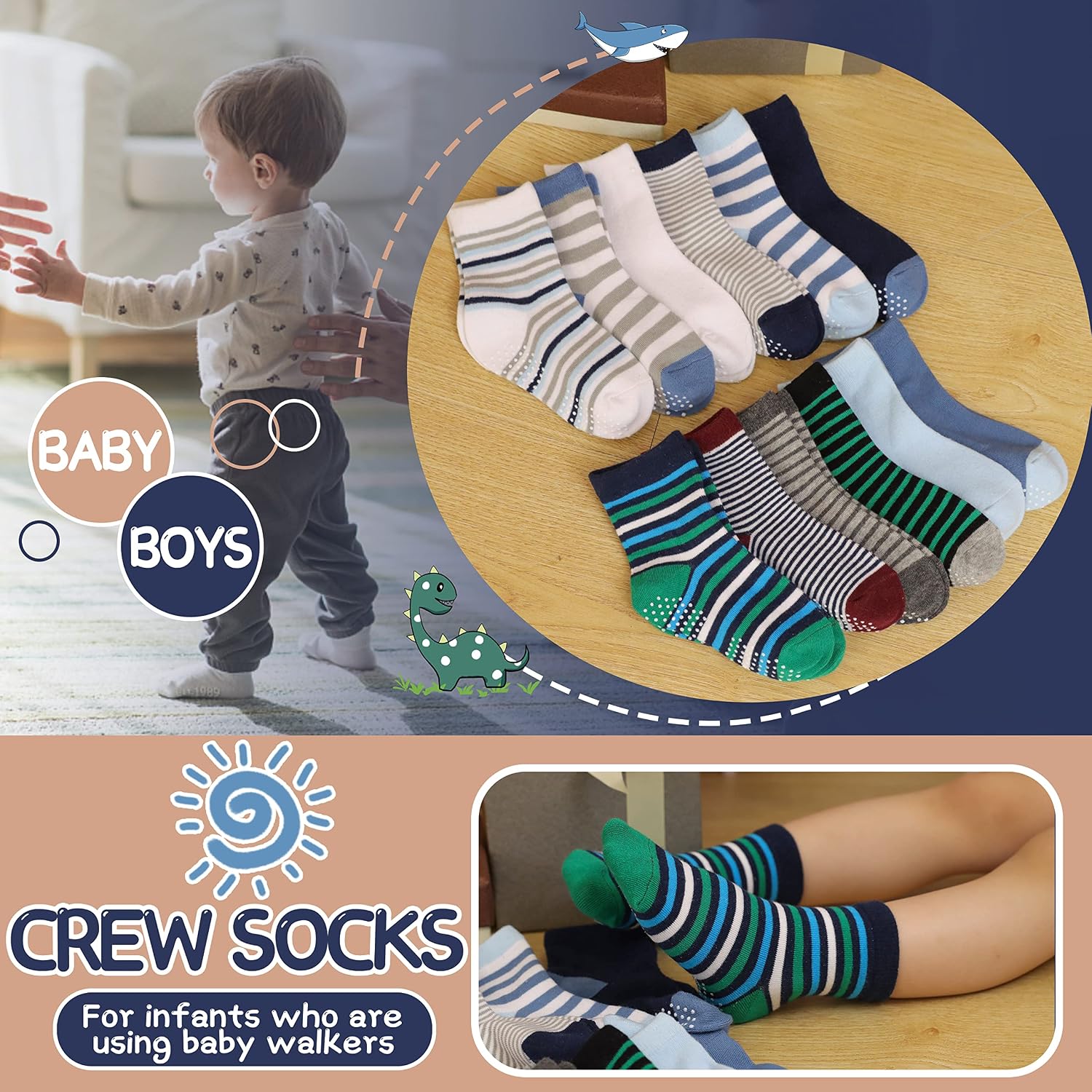 Detalle de ANTSANG Stoppersocken für Kinder & Baby-Jungen (Anti-Rutsch, Baumwolle) – 12 Paar