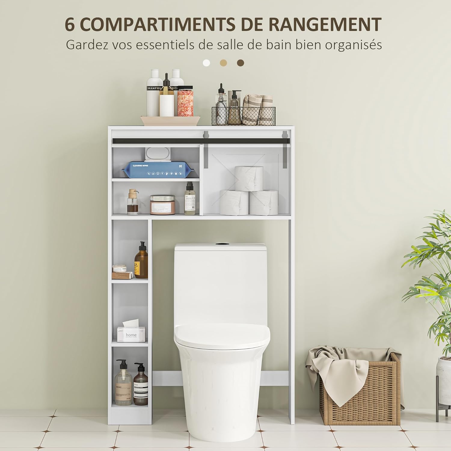 Thumbnail 4 de HOMCOM Meuble WC au-dessus des toilettes avec porte coulissante et étagère réglable, blanc