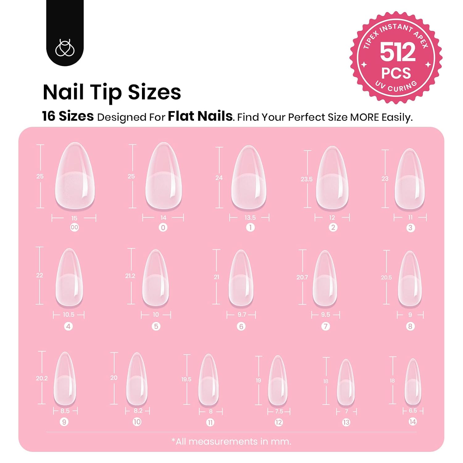 Detalle de Beetles Tipex Instant Apex Nail Tips, Medium Almond – 512 Tips (16 Sizes, 00–14), No Builder Gel Required