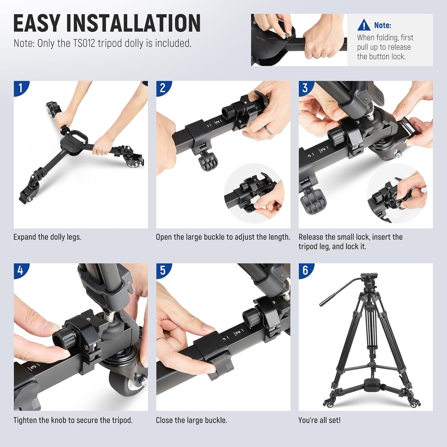 Detalle 2 de Neewer TS012 Photography Tripod Dolly with 3" Rubber Wheels, Quick Lock Release and Telescopic Legs