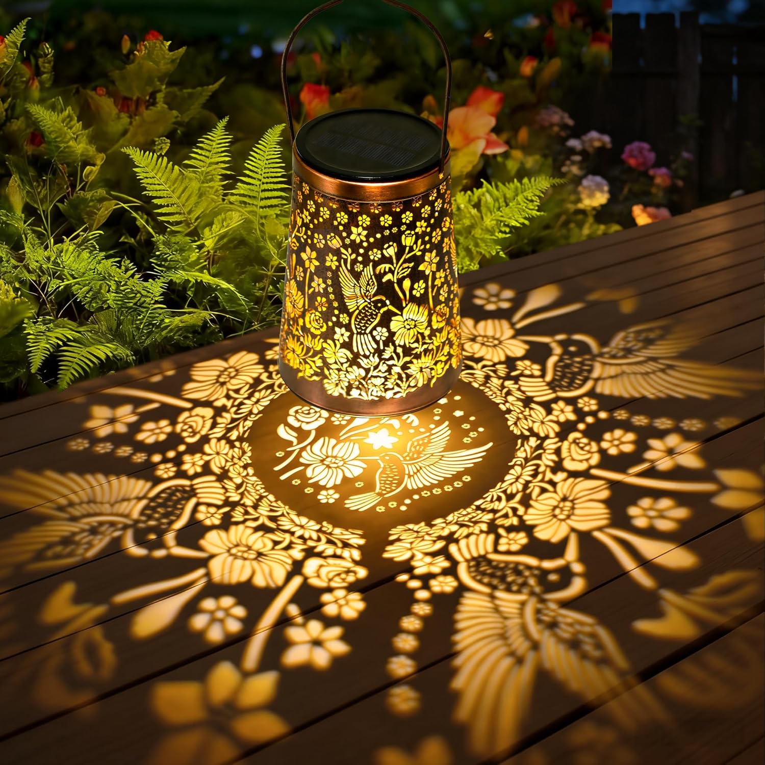 Detalle de Solar Lanterns for Outside – Vintage Hummingbird 2 Pack (IP65, warm shadows) for patio and garden décor