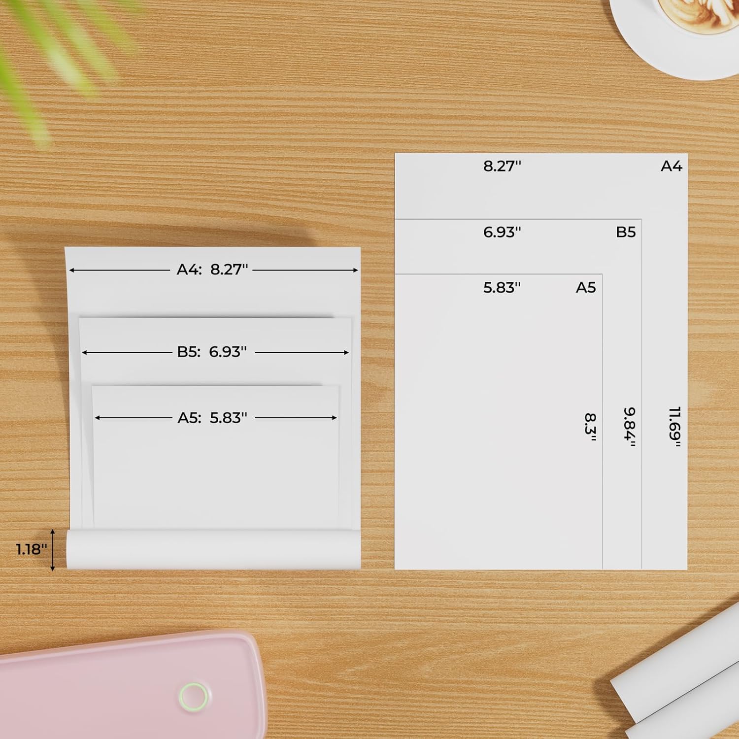 Detalle de MUNBYN Thermopapier A4 für ITP01/ITP04 – 2 Rollen Thermodruckerpapier (210 x 297 mm), weiß