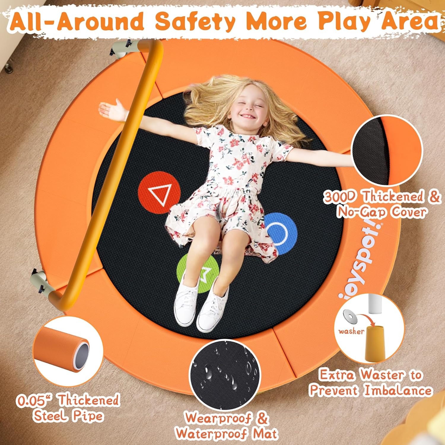 Thumbnail 5 de 3FT Toddler Trampoline with Adjustable Handlebar (36" Foldable & Spring-Free) — Noiseless Mini Jump Mat for Ages 1–6