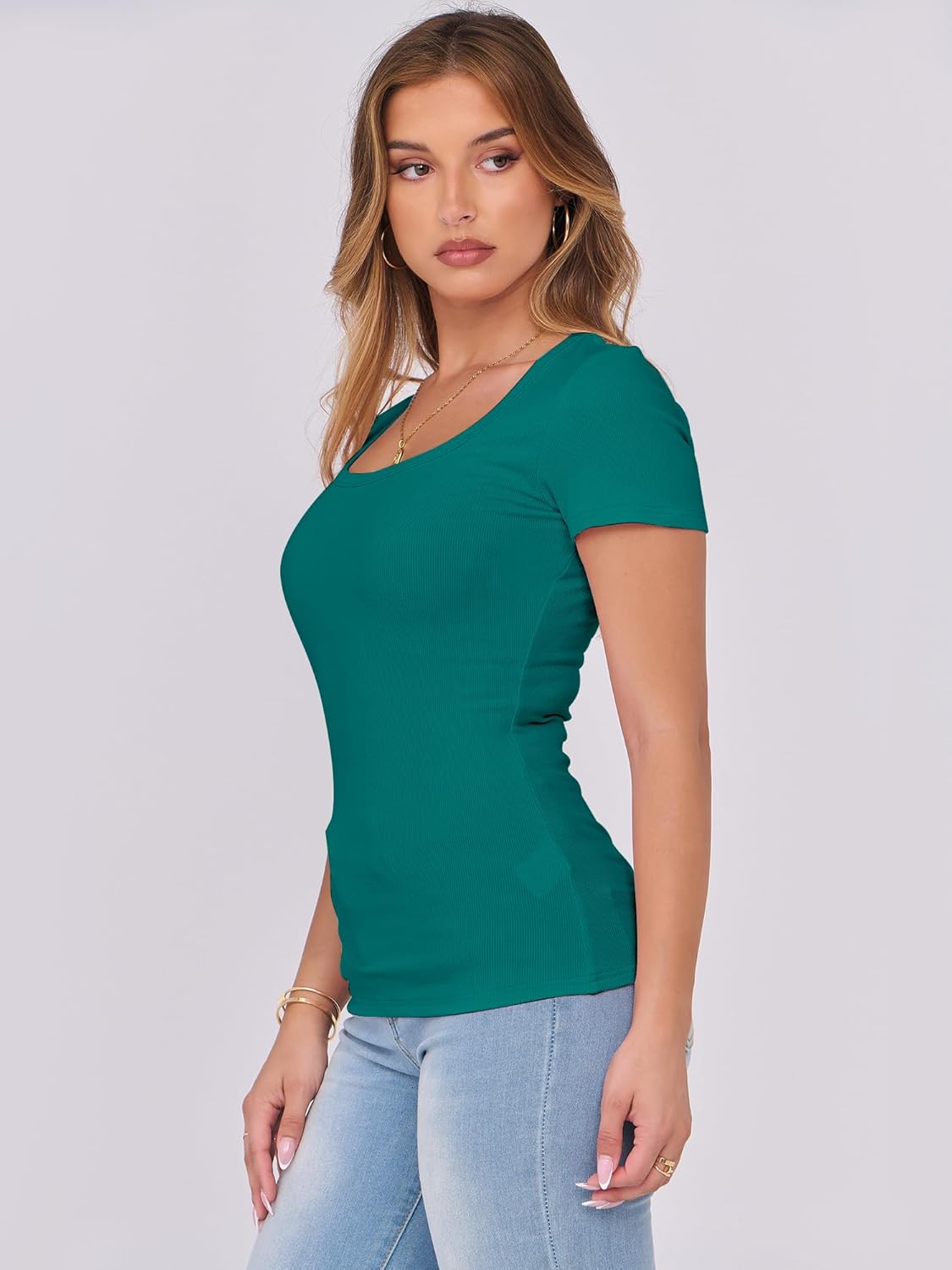 Thumbnail 2 de DUOEASE Damen T-Shirt Sommer Basic Stretch U-Ausschnitt Slim Fit