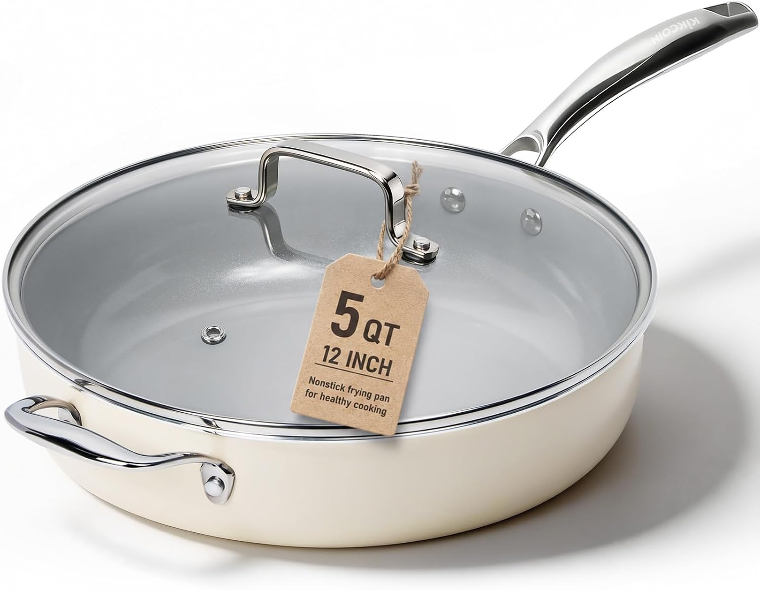 Detalle de Kikcoin 12-Inch Ceramic Nonstick Frying Pan with Lid — 5 Qt Deep Saute Pan for Induction & Oven Use
