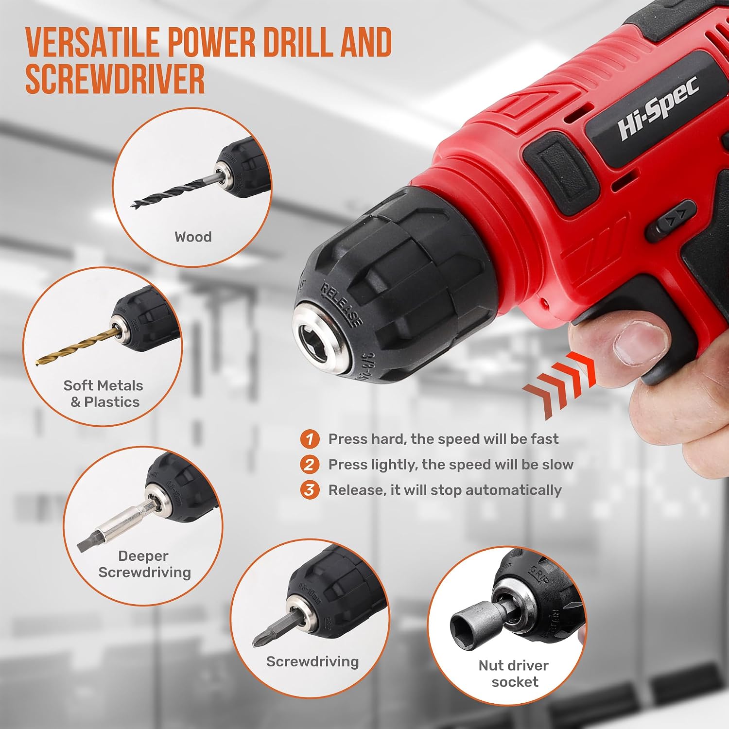 Thumbnail 1 de Hi-Spec DT30558E-DE 8V Cordless Drill and Home Tool Set, USB Rechargeable