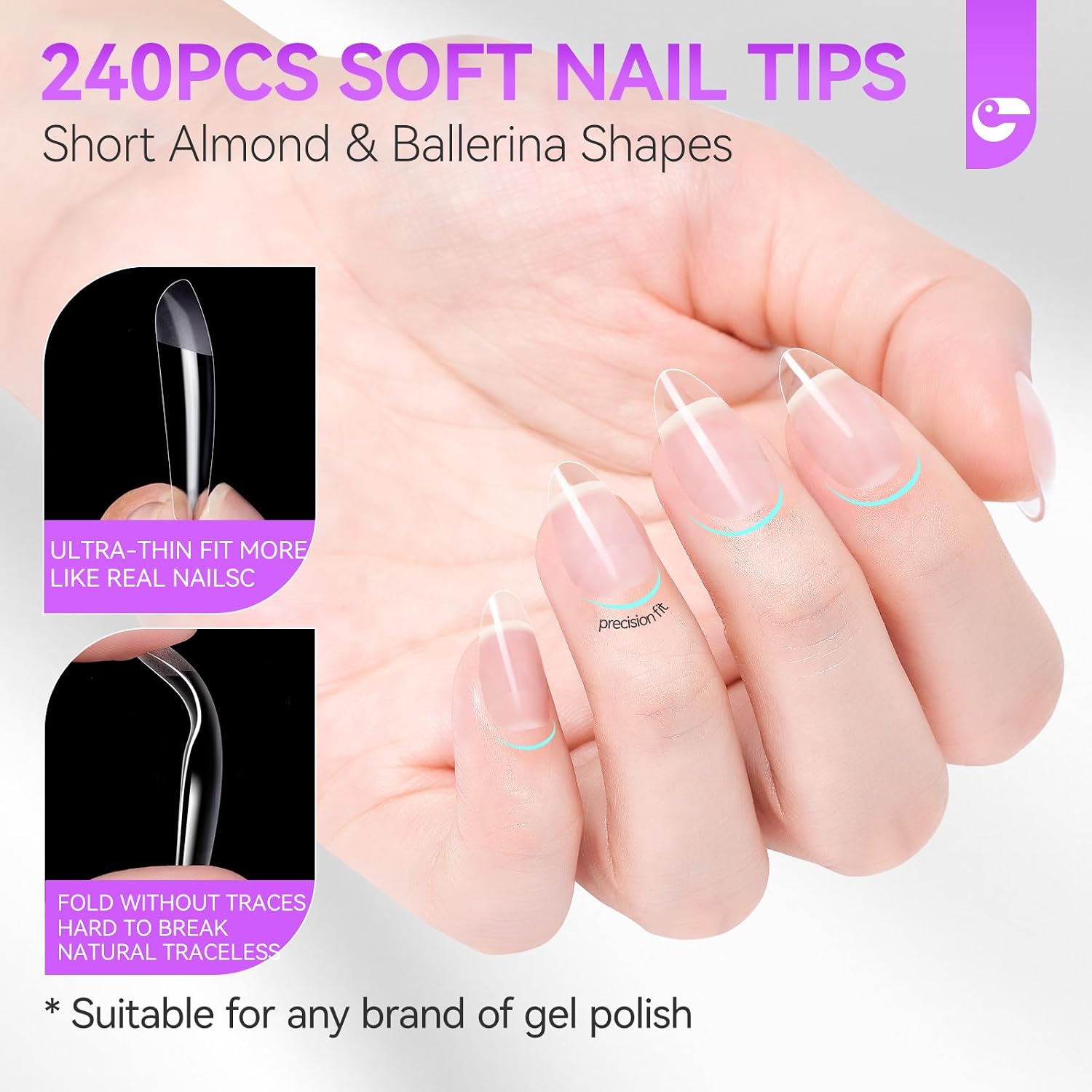 Detalle de Gelike ec Nagelspitzen und Nagelkleber Kit – Gel Nail X Extension Set (240 Soft Gel Tips, 8 ml Kleber, 18W Mini UV Lampe)