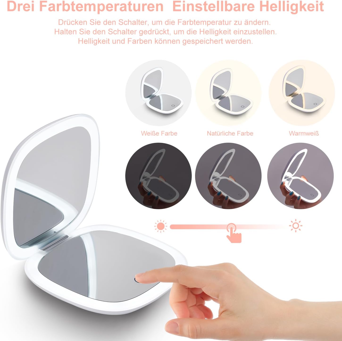 Detalle de Mocado Taschenspiegel mit Licht – 1/10 Vergrößerung, 10 cm, beidseitig, wiederaufladbar, Touchscreen, Weiß