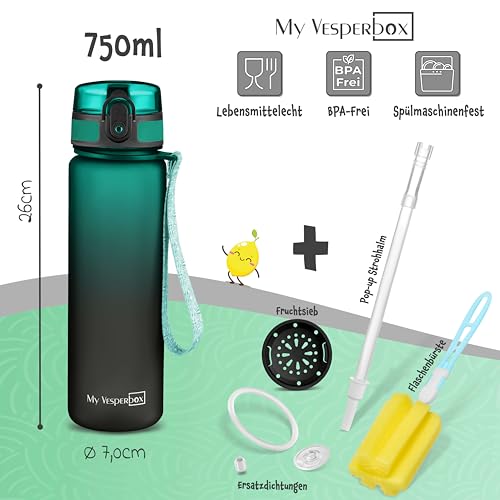 Detalle de My Vesperbox Trinkflasche Kinder 750ML – Auslaufsicher, Kohlensäure Geeignet, BPA-frei, Spülmaschinenfest