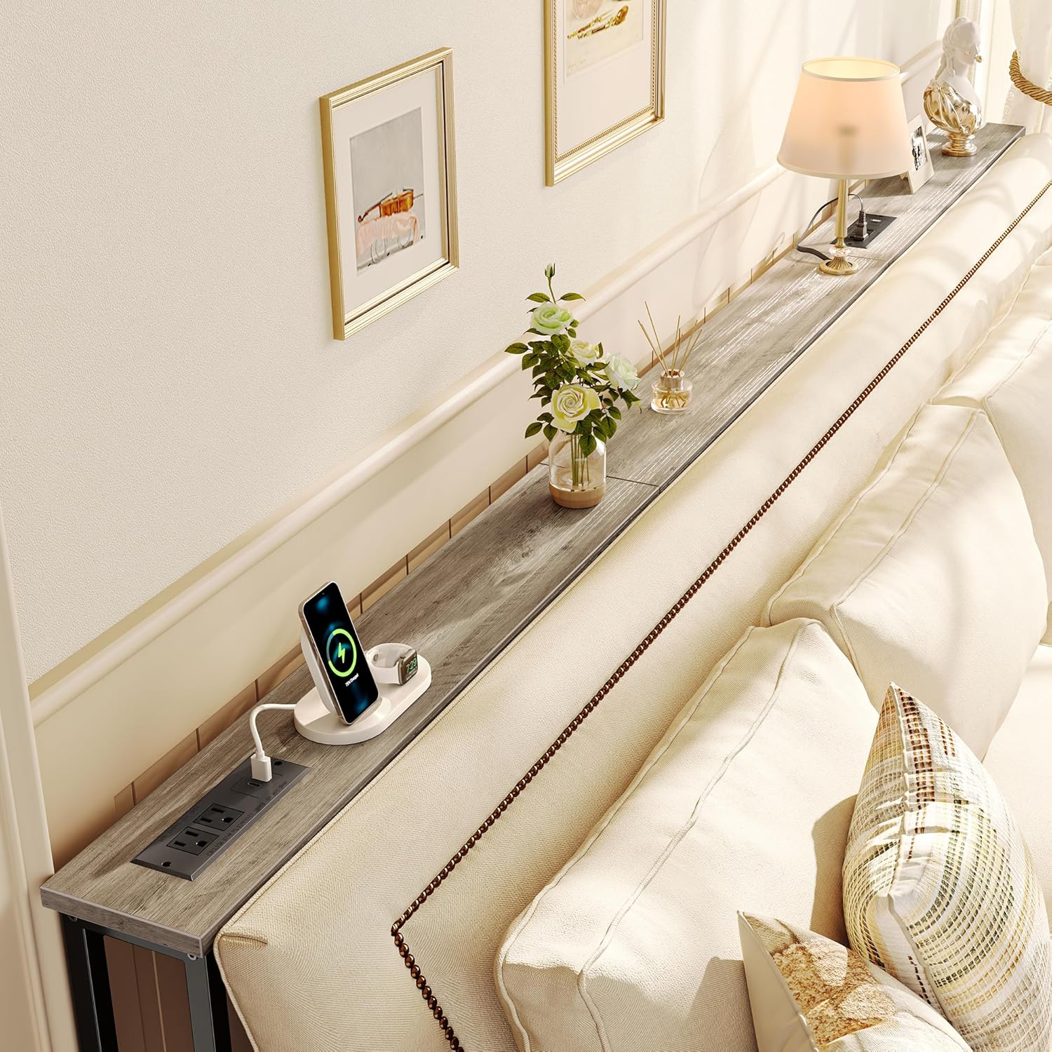 Thumbnail 1 de SUPERJARE 102.3 Inch Sofa Table with 2 Outlets and USB-C Ports — Narrow 5.9" Console with Storage, Oak