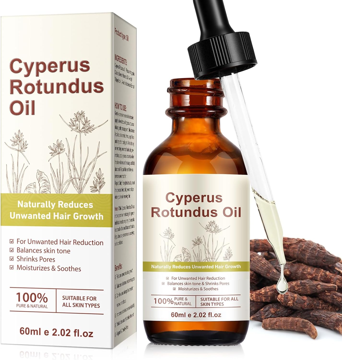 Detalle de Feeliville Cyperus Rotundus Oil 60 ml, olio naturale per inibire la ricrescita dei capelli e idratare la pelle