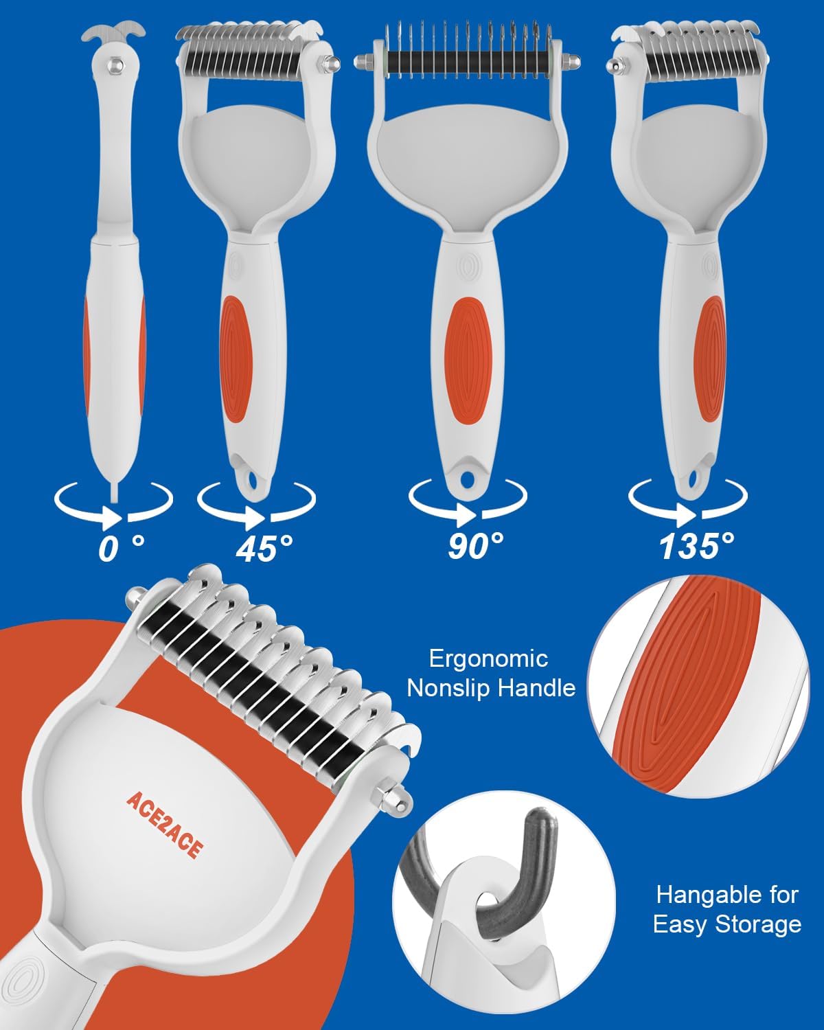 Detalle de ACE2ACE Pettine doppia faccia per sottopelo di cani e gatti, rastrello dematting arancione
