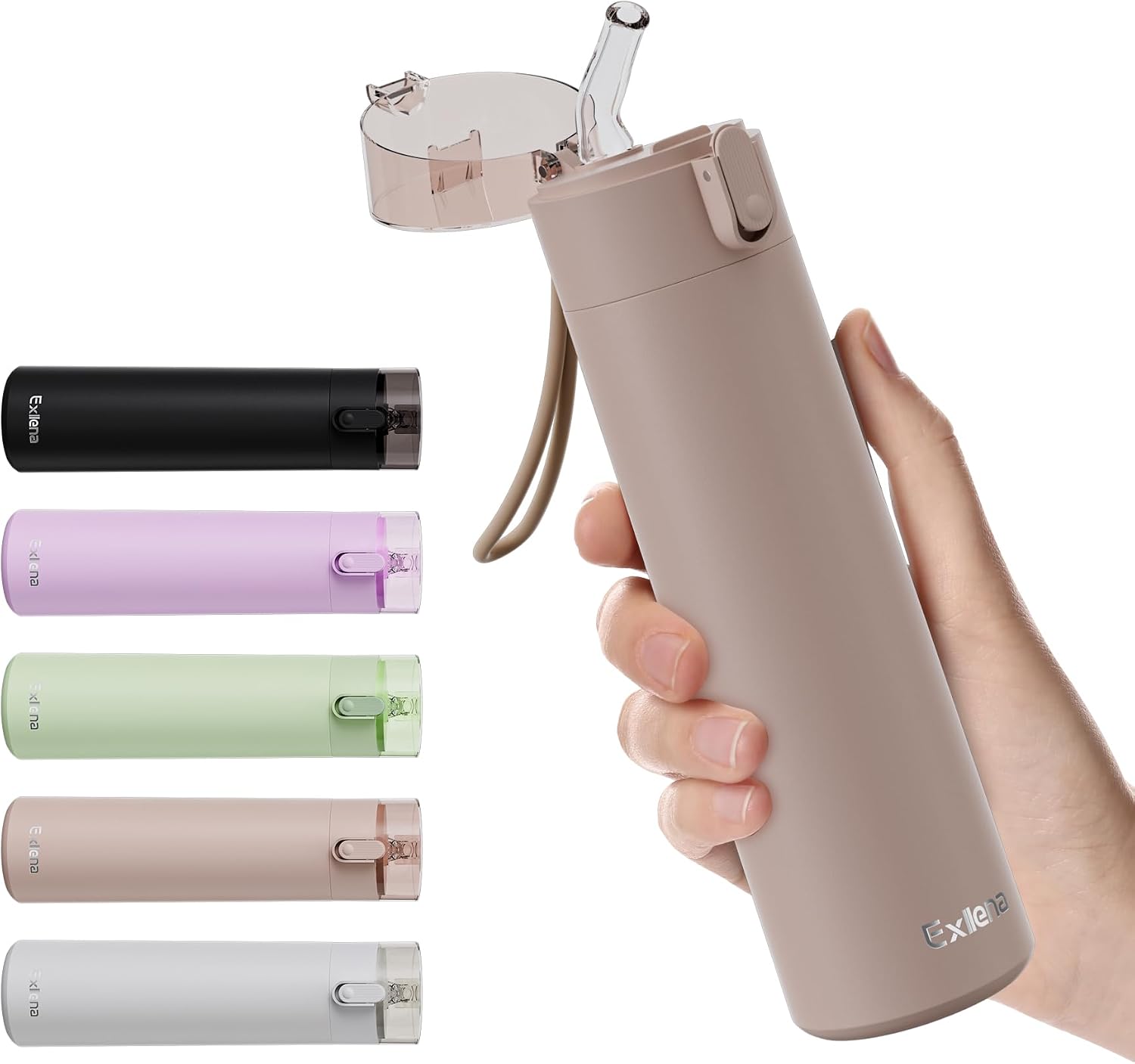 Detalle de Exllena Small Water Bottle 270ml with Straw (Brown) – leak-proof flask with one-hand opening