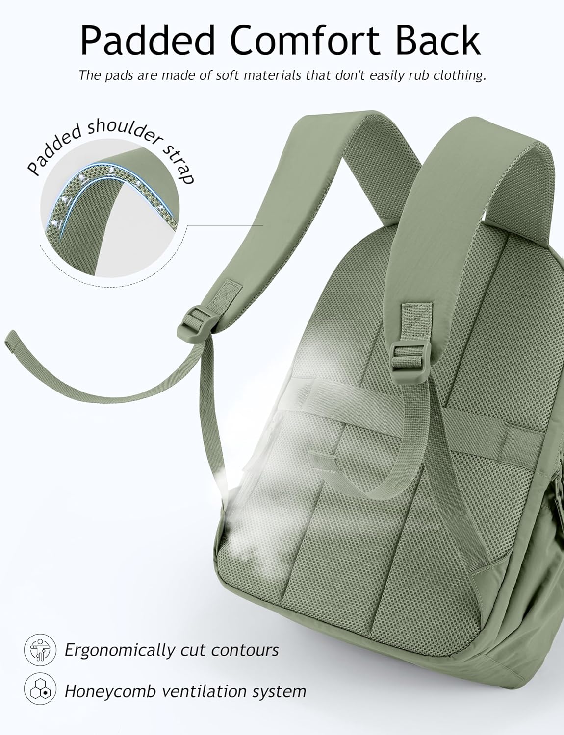 Detalle de Uselike Travel Backpack for Women: 15.6" Laptop, Quilted, Sage Green