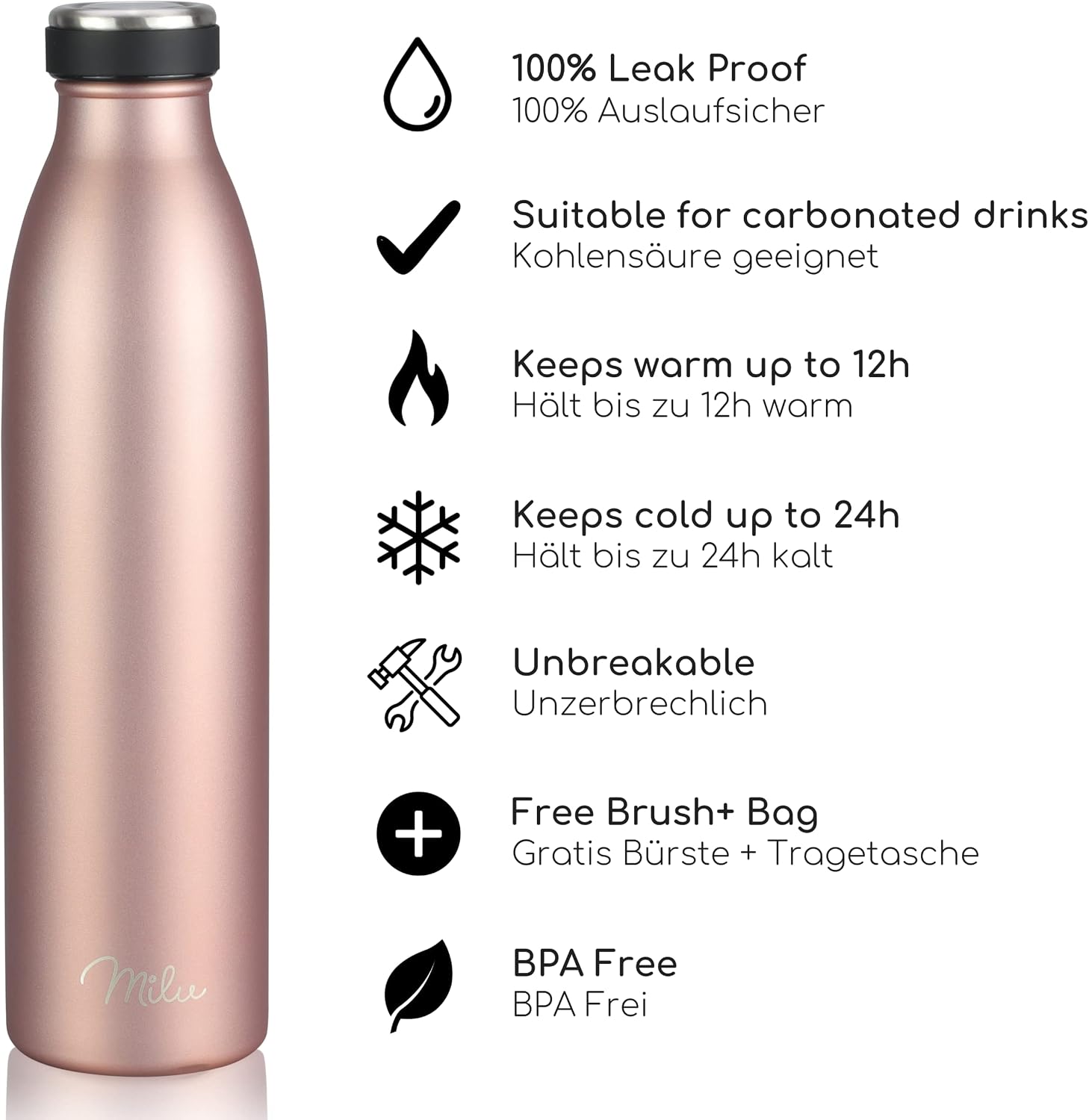 Detalle 2 de Milu Edelstahl Trinkflasche 1L Thermosflasche