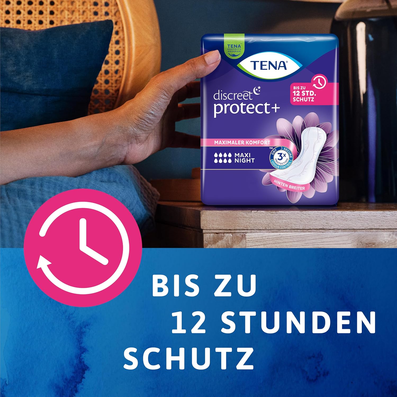 Detalle de TENA Discreet Maxi Night: Hygieneeinlagen für Nachtkomfort bei starker Blasenschwäche (48 Einlagen im Monatspaket)