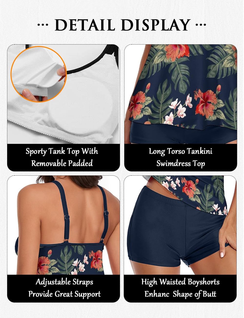 Thumbnail 3 de Urchics 2026 Women Two Piece Tankini Swimsuit with Tummy Control — Long Torso Top & High-Waisted Boyshorts (Plus Size)