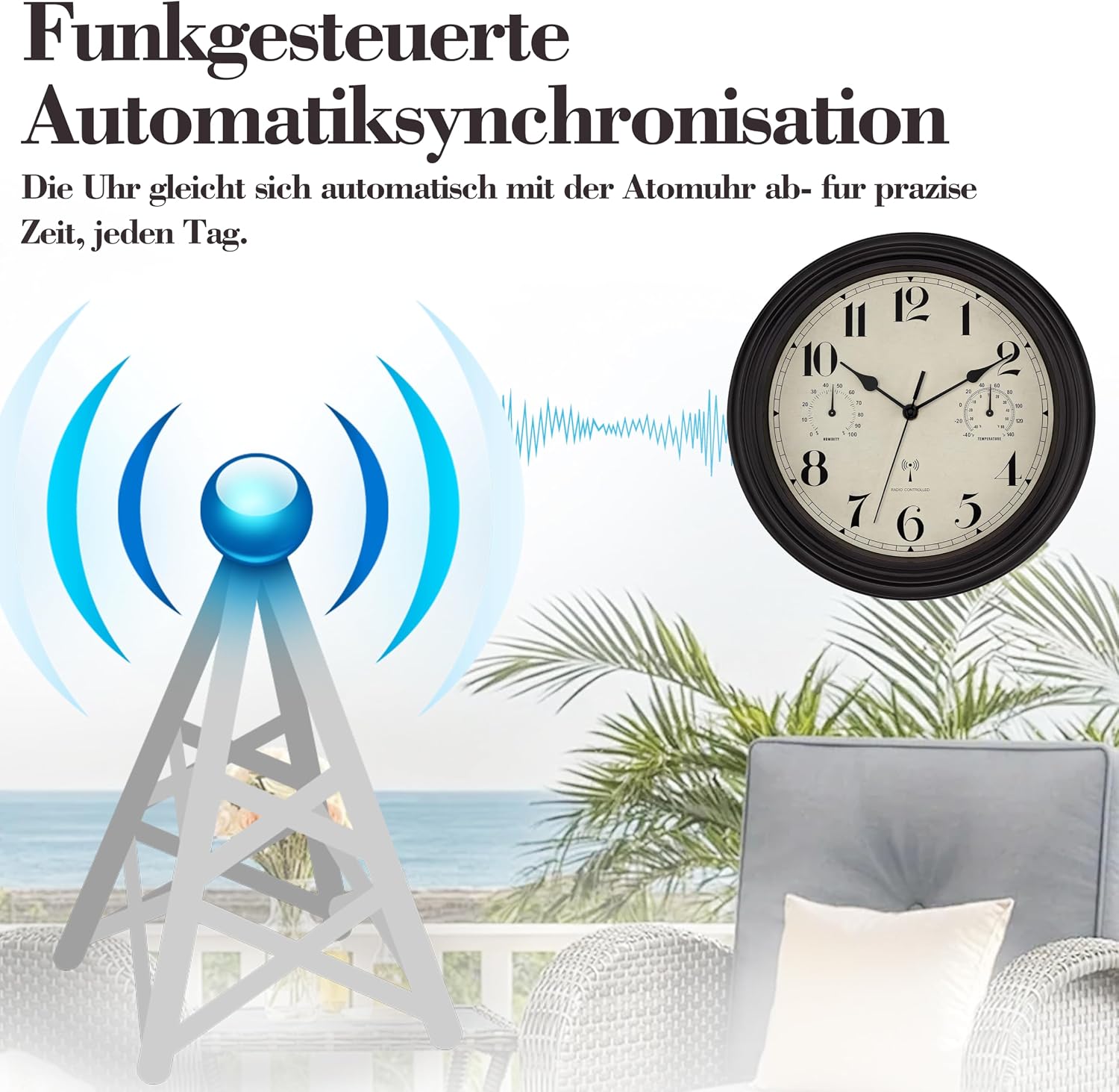 Detalle de Foxtop radiogestuurde wandklok van 30 cm met thermometer en hygrometer