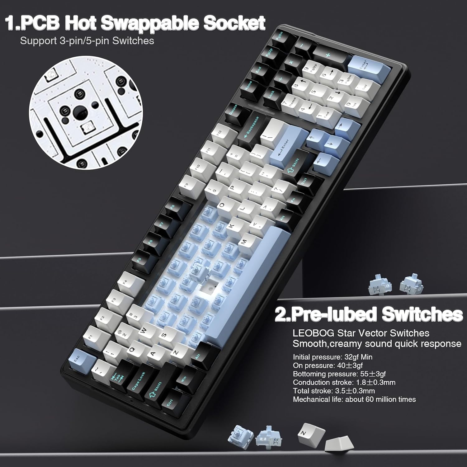 Detalle de AULA F99 wireless mechanical keyboard (Tri-Mode BT5.0 / 2.4GHz / USB-C) with hot-swappable switches and RGB backlighting
