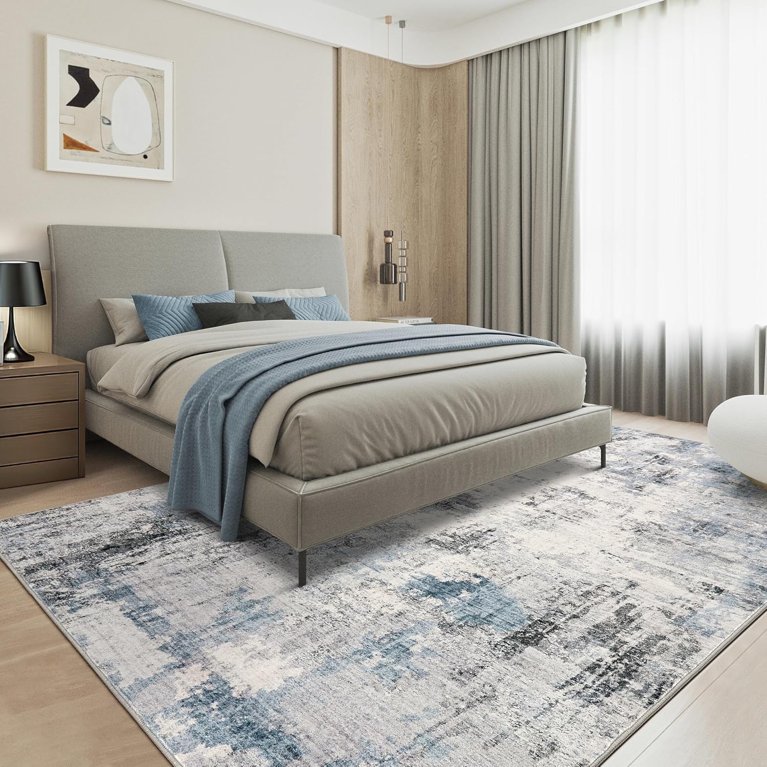 Thumbnail 2 de TARANCH Washable Rug 9x12: Modern Abstract Grey-Blue Comfort for Living Spaces
