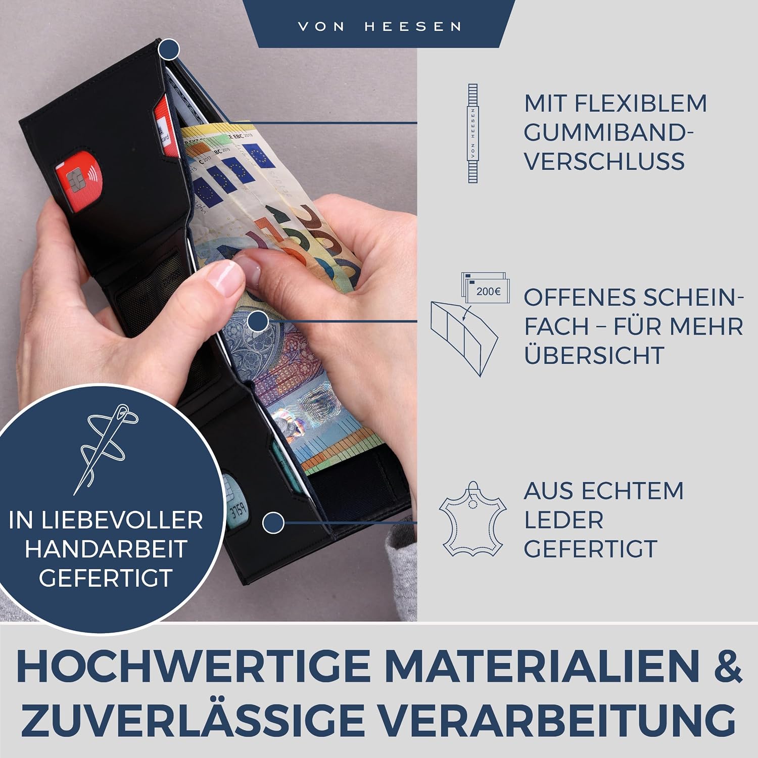 Thumbnail 3 de VON HEESEN Slim Wallet mit XL Münzfach & RFID-Schutz – Nappa-Leder Kartenetui klein (schwarz, glatt)