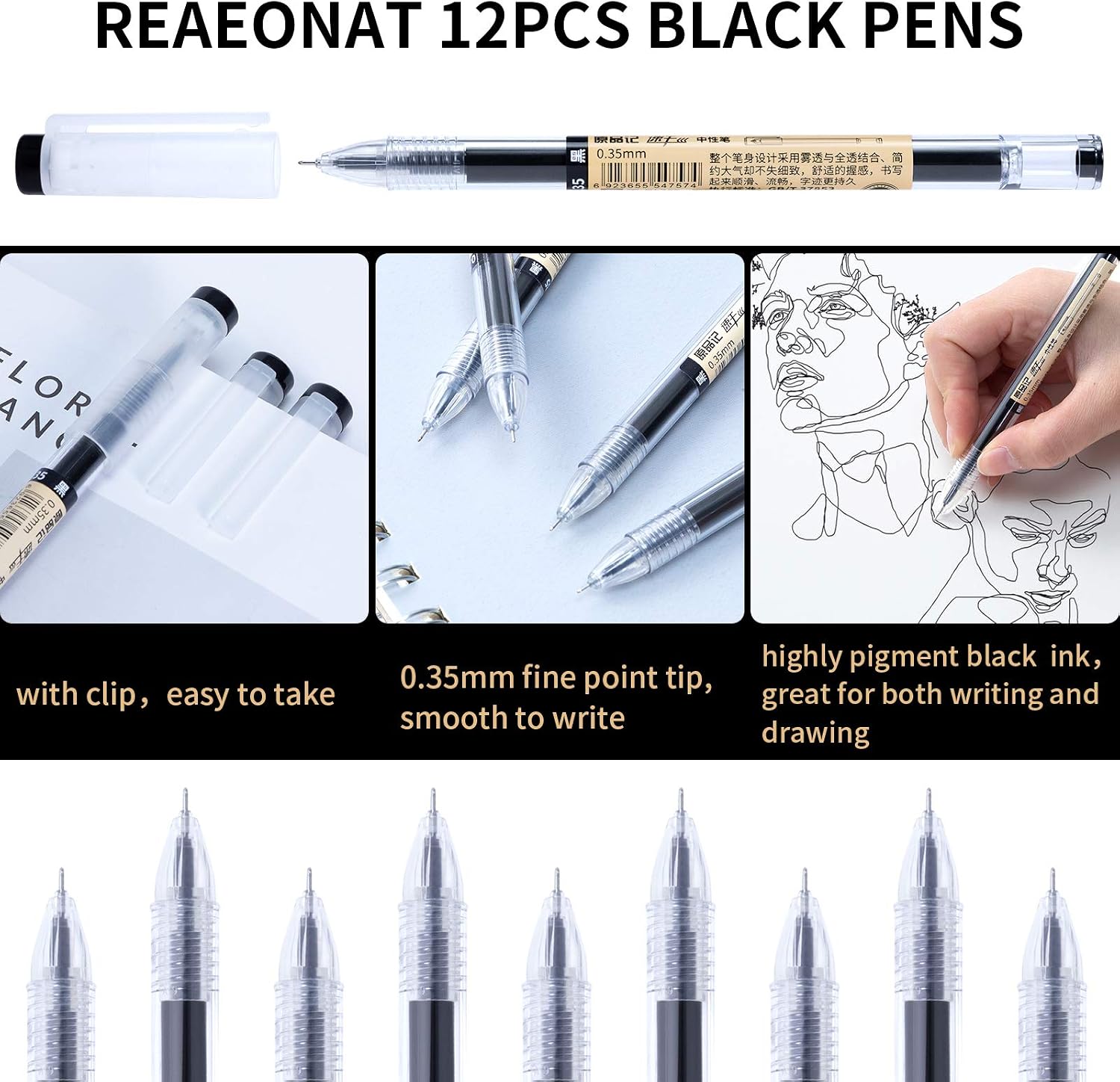 Detalle 1 de Reaeonat 12 Pack 0.35mm Black Gel Pens