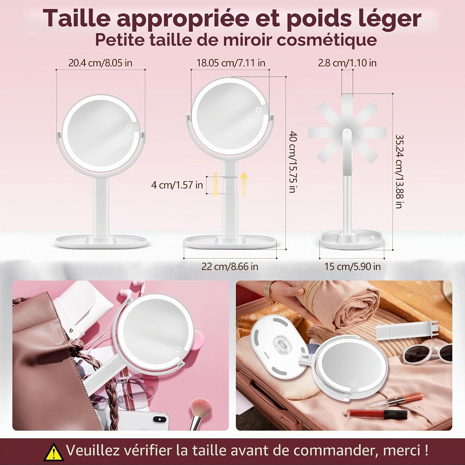 Thumbnail 6 de MOMOKUBA miroir cosmétique éclairé – 20x, double face, hauteur réglable, rotatif 360°, 3 couleurs lumineuses